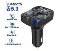 Shein Transmisor FM para coche con carga rápida dual USB PD Tipo C de 30 W, luz ambiental, Bluetooth 5.3, reproductor MP3 manos libres y modulador FM