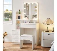Shein TUKAILAI Tocador blanco con taburete y luz LED, tocador con espejo, 4 cajones, un espejo y 7 estantes, tocador de dormitorio.