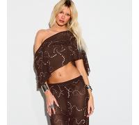 Shein Túnica de hombros descubiertos con tachuelas, conjunto informal bohemio de festival, con patrón de remolino marrón con adornos
