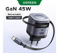 Shein UGREEN Cargador rápido de 45W con 3 puertos, 2 USB-C y 1 USB-A, con tecnología GaN y cable retráctil, compatible con Samsung S24 Ultra, S24+, S25+, S2