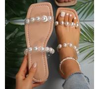 Shein Última moda, Primavera Verano, Chanclas casuales planas para mujer, con perlas falsas y cristales de TPU transparentes, Cómodas sandalias de estilo re