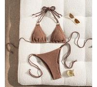 Shein Último conjunto de bikini elegante de mujer marrón de ganchillo sexy, parte superior con tirantes finos y espalda descubierta, y Bottom con lazos late