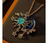 Shein Un colgante de collar vintage con una cara exagerada del dios sol, estrella y luna, con un alto sentido de azul lacustre, un broche desmontable de tra
