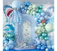 Shein Un conjunto de 123 arcos de globos con temática de tiburón, que incluye globos azules, transparentes, verde claro, azul metálico y verde metálico, ade