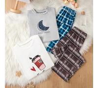 Shein Un conjunto de 4 piezas de ropa casual para niños, con una combinación perfecta de diseños de luna de buenas noches y hora del café, combinados co