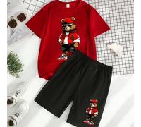 Shein Un conjunto de estilo callejero informal de moda para niños con camiseta de manga corta y pantalones cortos con estampado gráfico de oso y animales de