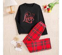 Shein Un elegante y de moda conjunto casual de primavera y otoño, con una blusa de cuello redondo, manga larga y estampado de corazones "Amor" dulce y lind
