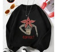 Shein Un monstruo caníbal sosteniendo una taza de café, con las palabras <<¿Café?» impresas en letras rojas. Sudadera oversize informal Curve, versátil para