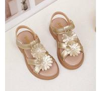 Shein Un par de las últimas sandalias de verano para niños con doble flor y decoración de perlas con cierre de gancho y bucle - Diseño dorado, una excelente