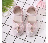 Shein Un par de sandalias de tacón alto con lazo de diamantes brillantes rosa de verano para niñas, zapatos de baile, zapatos de princesa, zapatos de banque