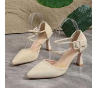 Shein Un par de sandalias de tacón alto con punta y doble correa de ante beige de última para adolescentes - Un estilo cómodo, una excelente opción para sal