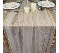 Shein Un romántico corredor de mesa de encaje de perlas para decoración de arcos de bodas, decoración de fiestas de despedida de soltera, mantel para banque