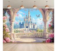 Shein Un telón de fondo decorativo de castillo de princesa de hadas con purpurina rosa y dorada con patrón de arcoíris, sin necesidad de electricidad, panca