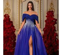 Shein Un vestido de noche de lujo con falda de tul con abertura alta, bordado de lentejuelas con degradado azul real y hombros descubiertos