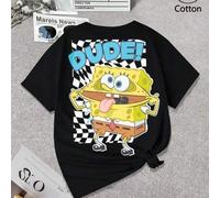 Shein ¡Una camiseta de algodón con un toque urbano! Bob Esponja tiene un aspecto peculiar, con un tablero de ajedrez y la frase "¡TÍO!", retro y genial. Ide