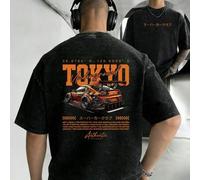 Shein Una camiseta para hombre que presenta carreras de drift clandestinas en Tokio, Japón, con estampados a doble cara de carreras callejeras en Tokio. La
