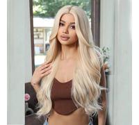 Shein Una pieza de peluca sintética rubia ondulada larga de 26 pulgadas, peluca de cabello natural platino para uso diario con flequillo, peluca para disfra
