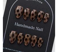 Shein Uñas postizas cortas de almendra 100% hechas a mano, con estampado de carey pintado a mano y base de purpurina de ojo de gato marrón brillante, para u