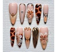 Shein Uñas postizas Relic Almond Long 10 piezas - Degradado ámbar oro antiguo francés con gotas de agua 3D y perlas de cristal - Kit de arte de uñas del Tes