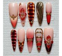 Shein Uñas postizas Relic Almond Long 10 piezas - Degradado rojo ámbar con oro antiguo francés con gotas de agua 3D y cuentas de perlas de cristal - Kit de