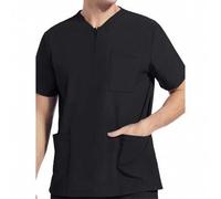 Shein Uniforme de trabajo de manga corta elástico para hombres, bata de laboratorio, parte superior elástica y transpirable con bolsillos para salón de pelu