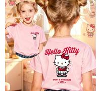 Shein Uniforme deportivo del club: camiseta de manga corta para niñas con estampado doble de Hello Kitty, camiseta infantil de algodón estilo preppy kawaii