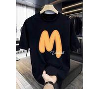 Shein Unisex Black T-Shirt Heat Transfer Process Camouflage Star Flag Print 100% Cotton Loose Fit Casual Style Round Neck Design Daily Comfort Plus Size Mac