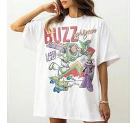 Shein Unisex Disney Baumwoll-T-Shirt con "Buzz Lightyear Laser Blast" estampado retro, Buzz, Zurg y die Alien im bunten 90er-Jahre-Stil