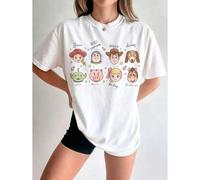 Shein Unisex Disney Baumwoll-T-Shirt con "Toy Story" Chibi-Charakter-Print, niedliche Porträts von Jessie, Buzz y Co. con Namensschriftzügen