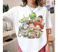 Shein Unisex Disney Baumwoll-T-Shirt con "Toy Story" Gruppen-Selfie-Print, Woody, Buzz y Co. beim Fotografieren im bunten Cartoon-Design