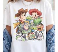 Shein Unisex Disney Baumwoll-T-Shirt con "Toy Story" Selfie-Print, alle Charaktere beim gemeinsamen Foto im fröhlichen Cartoon-Design