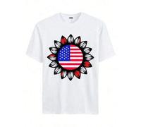 Shein Unisex T-Shirt Heat Transfer Technology American Flag Sunflower Print Crew Neck T-Shirt 100% Cotton Loose Fit Comfortable Daily T-Shirt Plus Size Avai