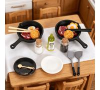 Shein Utensilios de cocina realistas en miniatura para casa de muñecas, modelo de comida, sartén realista, filete, pasta, botella de aceite, etc., adecuado