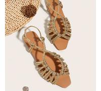 Shein vacación dorado Sandalias para mujeres , de color metálico con diseño trenzado Sandalias destalonadas