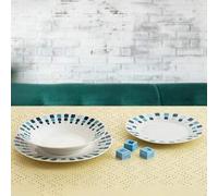 Shein vajilla 18 piezas porcelana blanca con detalles azules simetric quid, 18 piezas - 6 personas simetric brillo 6 platos llanos 23cm, 6 platos hondos 20c
