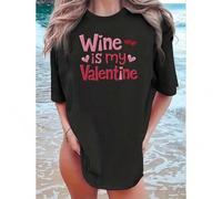 Shein Valentine's Day Themed Printed T-Shirt, Women's Casual Crew Neck Top with "Wine is My Valentine" Slogan, Knit , Regular Length, All-Season Love & Coup