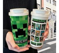 Shein Vaso aislado de acero inoxidable con tema de Minecraft y pajita, taza de café/agua de gran capacidad, alta estética para estudiantes
