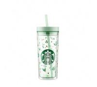 Shein Vaso doble transparente de alta calidad Green Secret de 473 ml con pajita + vaso de bebida directa a prueba de fugas de gran capacidad, hervidor de ca