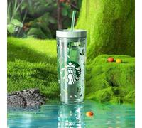 Shein Vaso doble transparente Green Secret Realm de 473 ml con pajita de silicona, cierre hermético con un solo clic, modo dual para beber directamente y pa