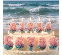 Shein Velas de cumpleaños, velas con números de cola de sirena de playa azul & rosa 0-9, adecuadas para fiesta de cumpleaños, decoración de pasteles, fiesta