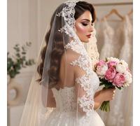 Shein Velo de novia de catedral, de una sola capa sin peine, velo de novia con borde de encaje, accesorio para vestido de novia