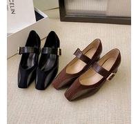 Shein Versión de piel de vaca ~ Zapatos de tacón alto Mary Jane de piel suave para mujer, de piel auténtica, de tacón grueso, con hebilla única, de tacón me