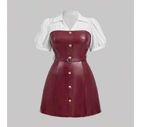 Shein Vestido 2 en 1 Talla Grande, Vestido con Empalme de Camisa Línea A Color Rojo Vino, Elegante para Desplazamientos, Ropa de Oficina, Estilo Old Money,