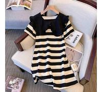 Shein Vestido a rayas para adolescente de color negro y beige, con cuello de Peter Pan, para la temporada de vuelta al colegio en verano para niñas de 13 a