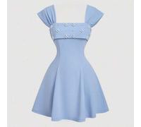 Shein Vestido acampanado de color azul bebé sólido con cuentas de perlas falsas para adolescentes - Fiesta de té en el jardín, uso de verano y primavera, va