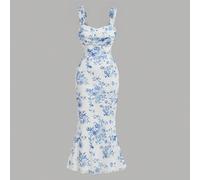 Shein Vestido ajustado con estampado floral azul y blanco para adolescentes, vestido de estilo vintage elegante y versátil de palacio, vestidos elegantes pa