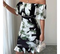 Shein Vestido ajustado con hombros descubiertos, volantes y drapeado con estampado tropical para atuendos de vacaciones y playa para mujeres