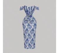 Shein Vestido ajustado con hombros descubiertos y estampado floral azul y blanco, vestido floral azul y blanco, vestido midi con corset, atuendo para concie
