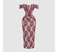 Shein Vestido ajustado con hombros descubiertos y estampado floral rojo y blanco, vestido floral azul y blanco, vestido midi con corset, atuendo para concie