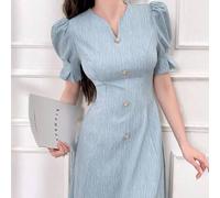 Shein Vestido ajustado de cintura con mangas abullonadas elegante para mujer, vestidos largos de noche de verano